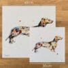 Two prints of Hopeful by Kathryn Callaghan, a print of dachshund facing right, to show the size difference between the 45cm print and the 30cm print.