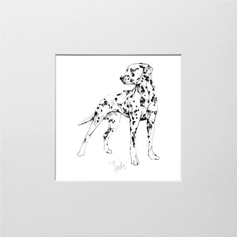 A digital mockup showing how a miniature print of Spots by Kathryn Callaghan will look presented in a 23cm mount. Spots features a Dalmatian standing facing left.