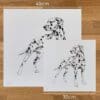 Two prints of Spots by Kathryn Callaghan, a print of a dalmatian, to show the size difference between the 45cm print and the 30cm print.