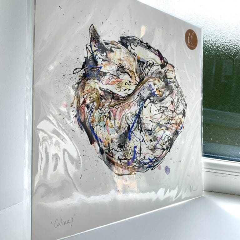 A print of a sleeping cat curled up in a ball, named Catnap by Kathryn Callaghan. The 30cm print is presented flat in a clear cello bag with a golden KC sticker in the top right.