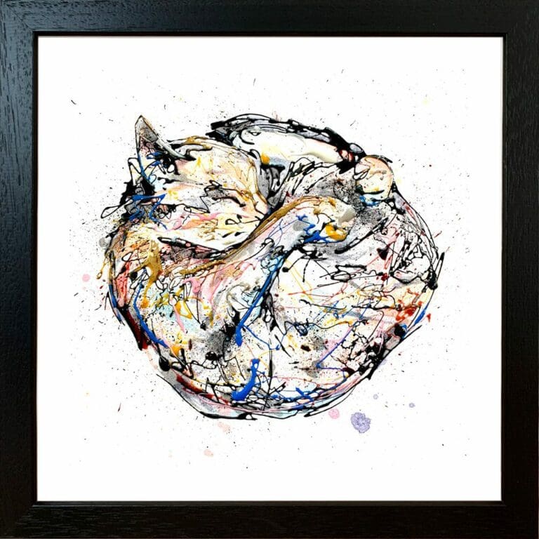 Catnap Sleeping Cat Paper Giclee Fine Art Print in Black Frame