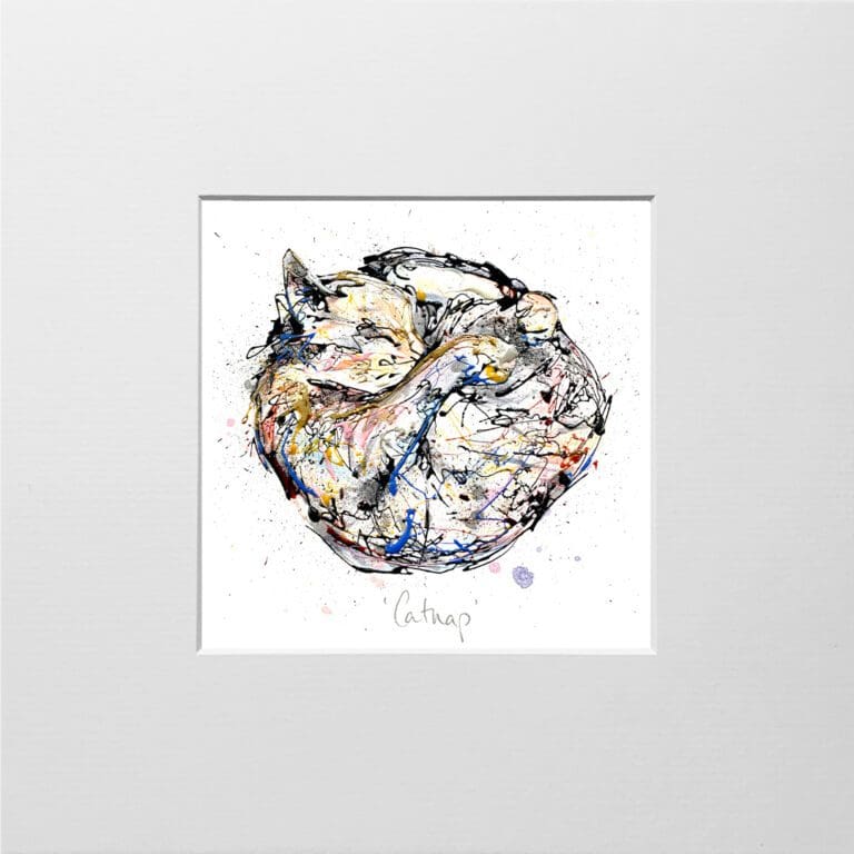 A digital mockup showing how a miniature print of Catnap by Kathryn Callaghan will look presented in a 23cm mount. Catnap features a sleeping cat curled up in a ball.