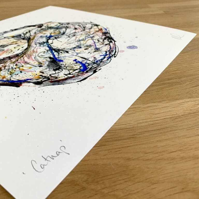 Photograph of Catnap by Kathryn Callaghan, a print of a sleeping cat curled up in a ball, which shows the print's title handwritten in the bottom left corner and the artist's signature in the bottom right, with space between to add a custom personalisation.