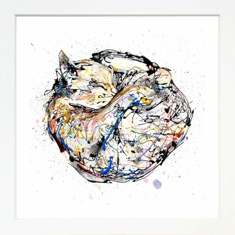 Catnap Sleeping Cat Paper Giclee Fine Art Print in White Frame