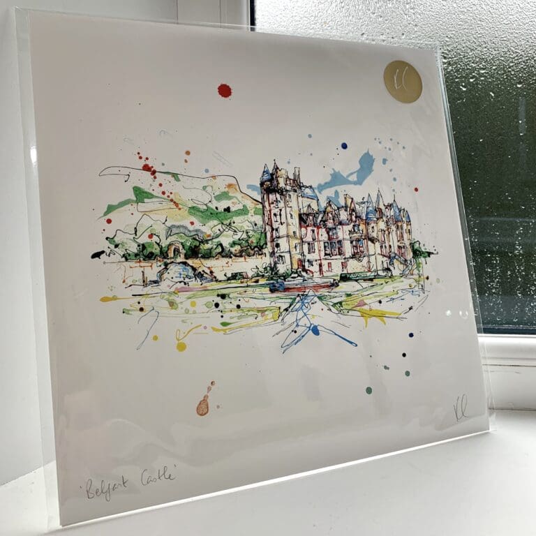 A print of Belfast Castle by Kathryn Callaghan. The 30cm print is presented flat in a clear cello bag with a golden KC sticker in the top right.