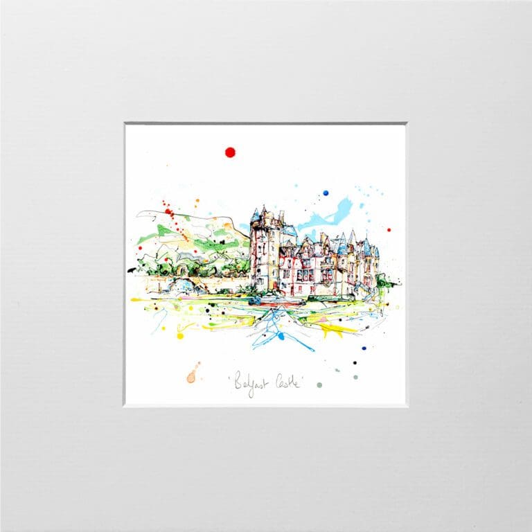 A digital mockup showing how a miniature print of Belfast Castle by Kathryn Callaghan will look presented in a 23cm mount.