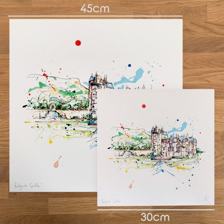 Two prints of Belfast Castle, a Northern Ireland print by Kathryn Callaghan, to show the size difference between the 45cm print and the 30cm print.