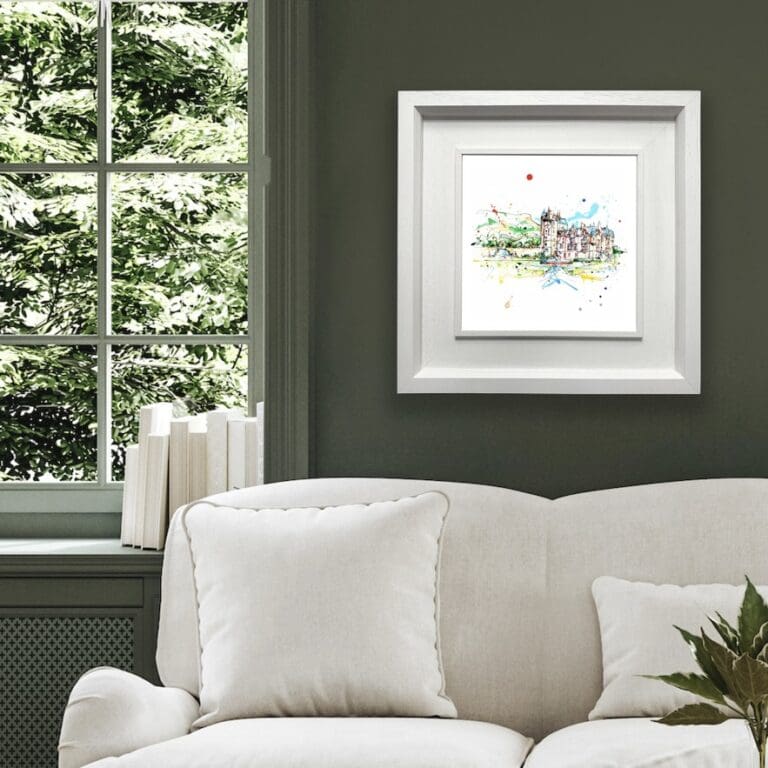 Belfast Castle Irish Landscape print shown in Deluxe White Frame in Situ