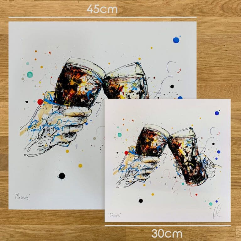 Two prints of Cheers, a beer print by Kathryn Callaghan, to show the size difference between the 45cm print and the 30cm print.