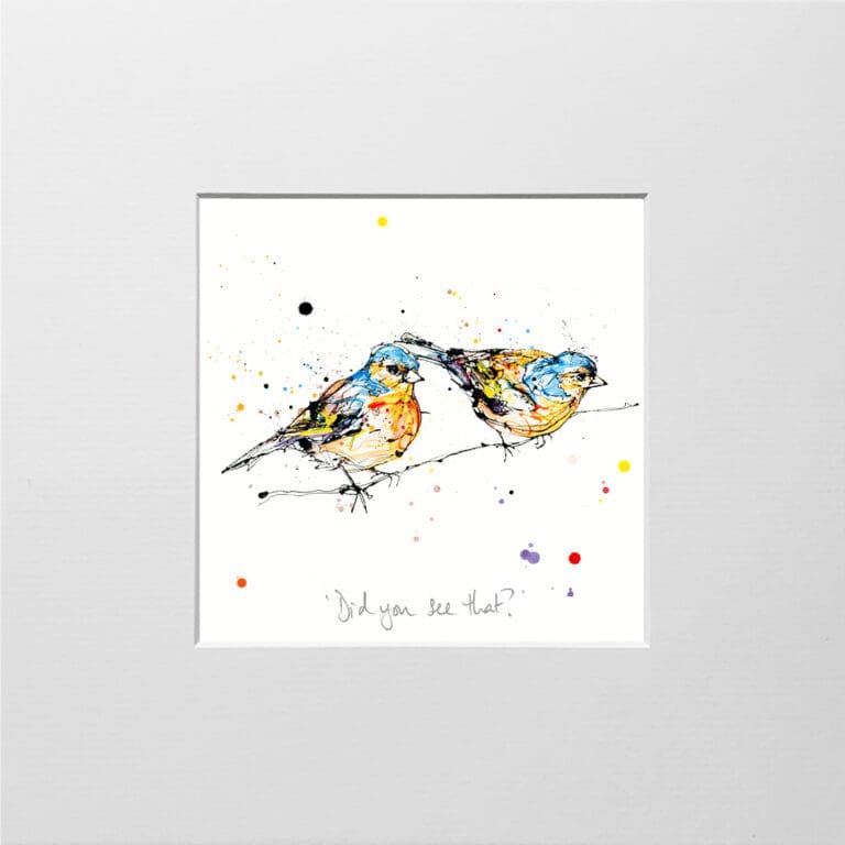 A digital mockup showing how a miniature print of Did You See That? by Kathryn Callaghan will look presented in a 23cm mount. Did You See That? features a pair of male chaffinches sitting together on a branch.