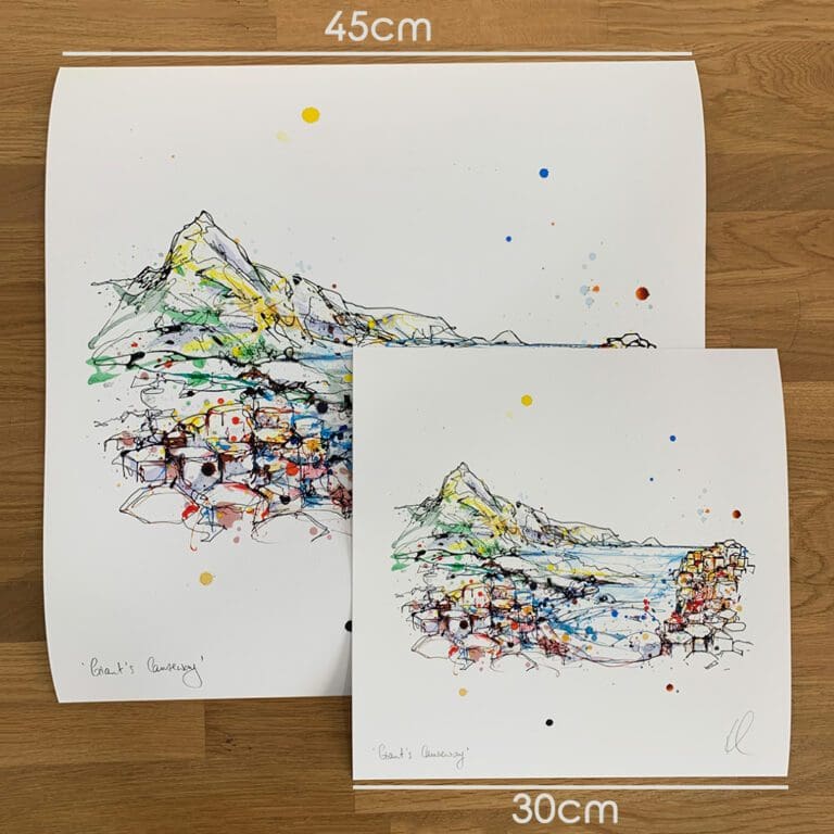 Two prints of Giants Causeway by Kathryn Callaghan, to show the size difference between the 45cm print and the 30cm print.