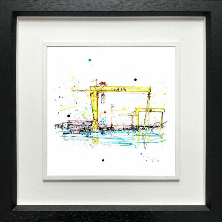 Giants of Belfast Harland and Wolff Cranes Samson and Goliath Paper Giclee Fine Art Print shown in Deluxe Black Frame