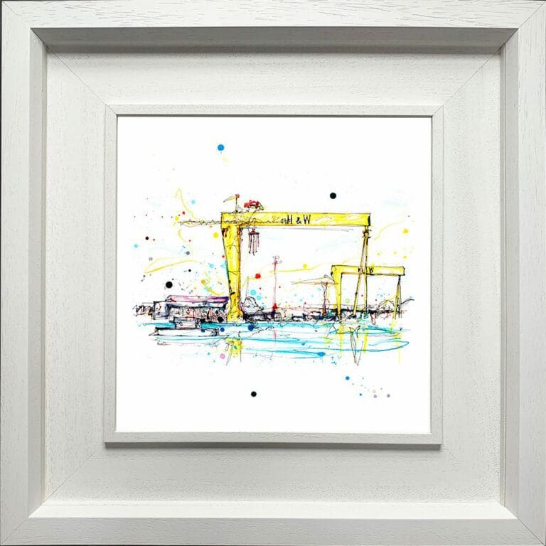 Giants of Belfast Harland and Wolff Cranes Samson and Goliath Paper Giclee Fine Art Print shown in Deluxe White Frame