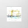 A digital mockup showing how a miniature print of Giants of Belfast by Kathryn Callaghan will look presented in a 23cm mount. Giants of Belfast features the iconic Harland & Wolff Cranes arching over Belfast harbour.