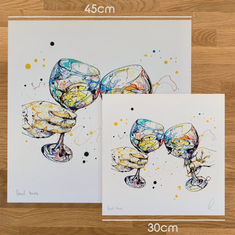 Two prints of Good Times, a gin print by Kathryn Callaghan, to show the size difference between the 45cm print and the 30cm print.