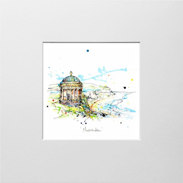 A digital mockup showing how a miniature print of Mussenden Temple by Kathryn Callaghan will look presented in a 23cm mount.