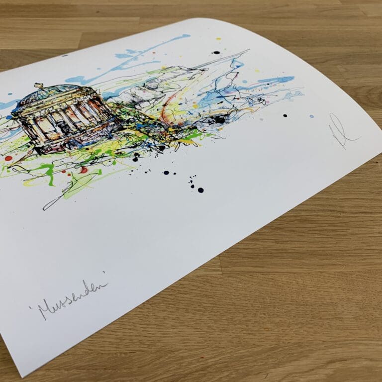 Photograph of Mussenden by Kathryn Callaghan, which shows the print's title handwritten in the bottom left corner and the artist's signature in the bottom right, with space between to add a custom personalisation.