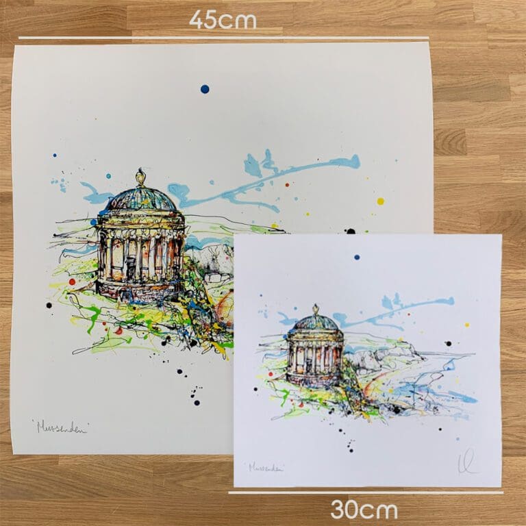 Two prints of Mussenden, a Northern Ireland print by Kathryn Callaghan, to show the size difference between the 45cm print and the 30cm print.