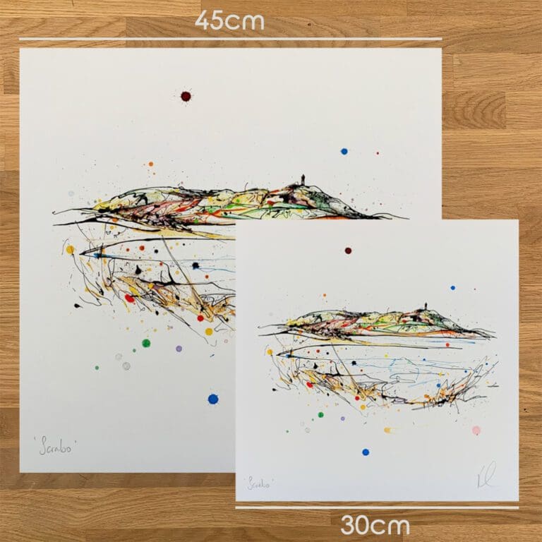 Two prints of Scrabo, a Northern Ireland print by Kathryn Callaghan, to show the size difference between the 45cm print and the 30cm print.