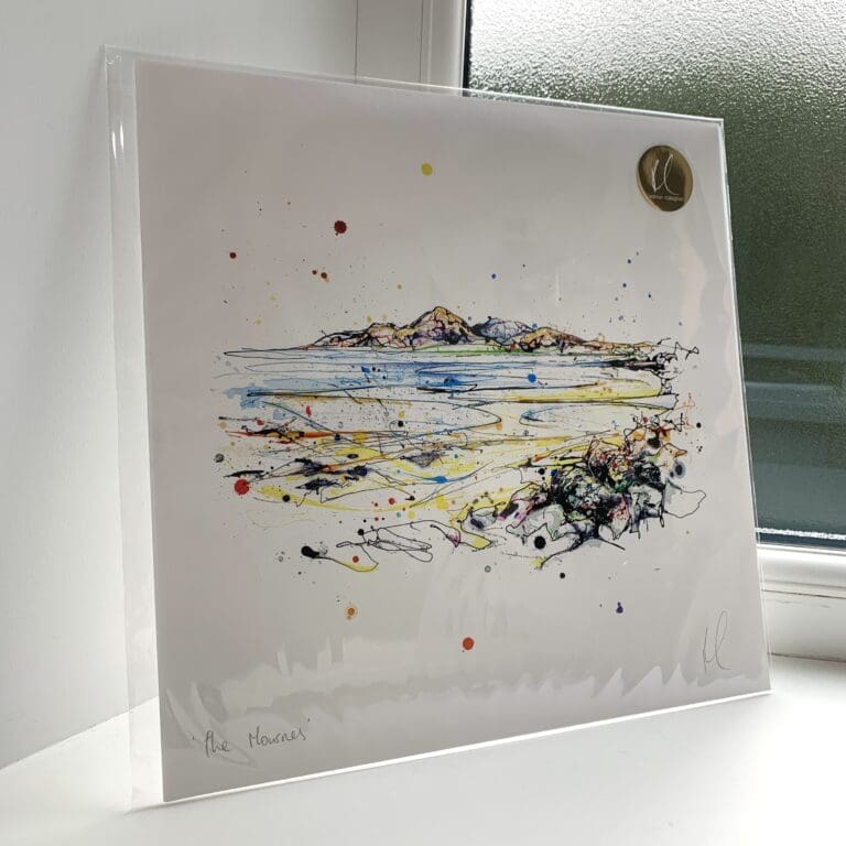 A print of The Mournes by Kathryn Callaghan. The 30cm print is presented flat in a clear cello bag with a golden KC sticker in the top right.