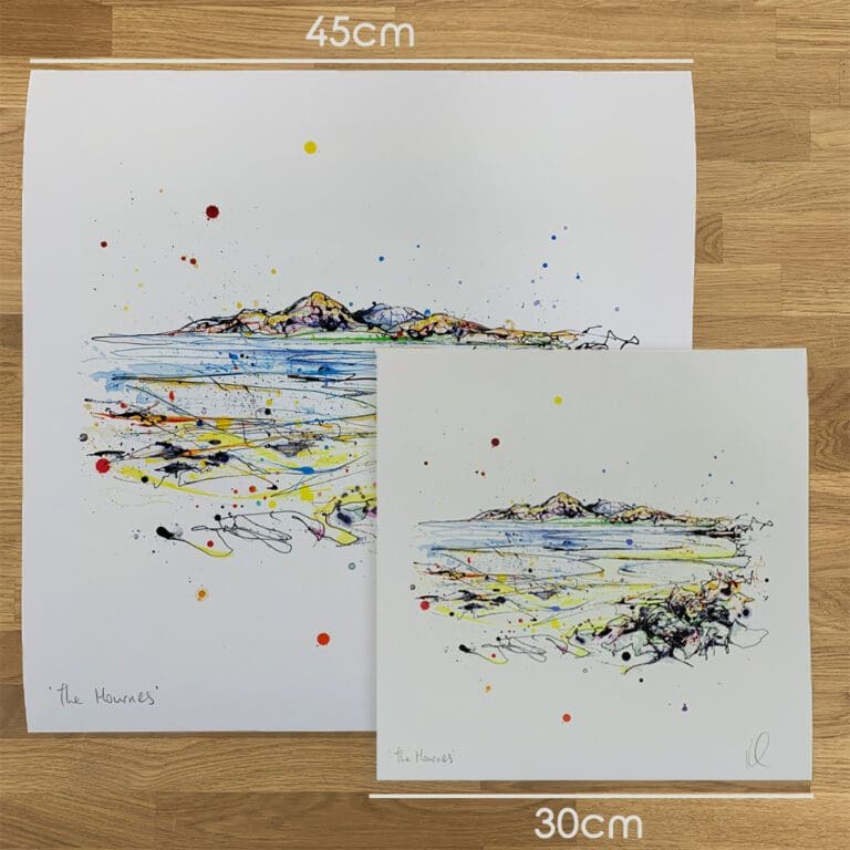 Two prints of The Mournes, a Northern Ireland print by Kathryn Callaghan, to show the size difference between the 45cm print and the 30cm print.