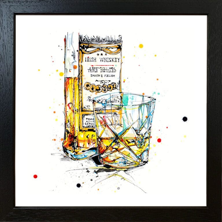 A Wee Night Cap Bushmills Irish Whiskey Paper Giclee Fine Art Print in Black Frame