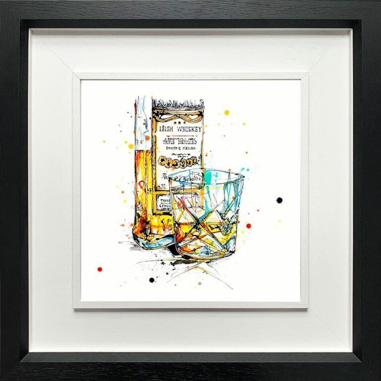 A Wee Night Cap Irish Whiskey Paper Fine Art Print Giclee shown in Deluxe Black Frame