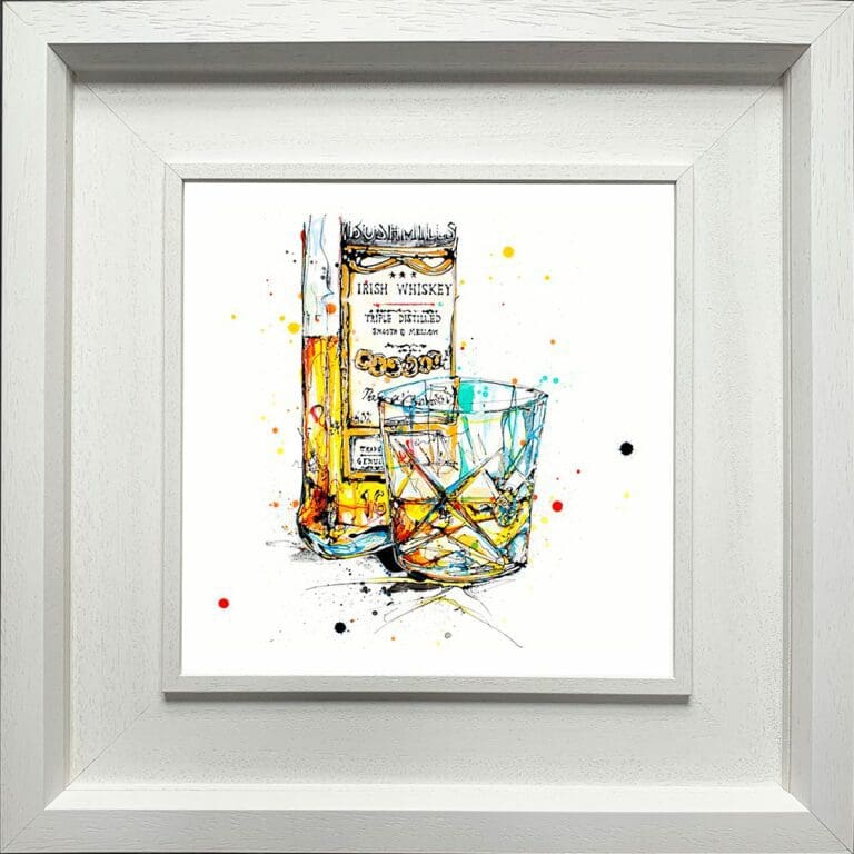 A Wee Night Cap Irish Whiskey Paper Fine Art Print Giclee shown in Deluxe White Frame