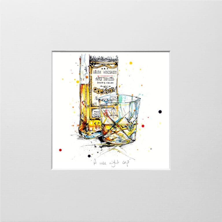 A digital mockup showing how a miniature print of A Wee Night Cap by Kathryn Callaghan will look presented in a 23cm mount. A Wee Night Cap features a glass of whiskey with ice cubes sat before a bottle of Bushmills Irish Whiskey.