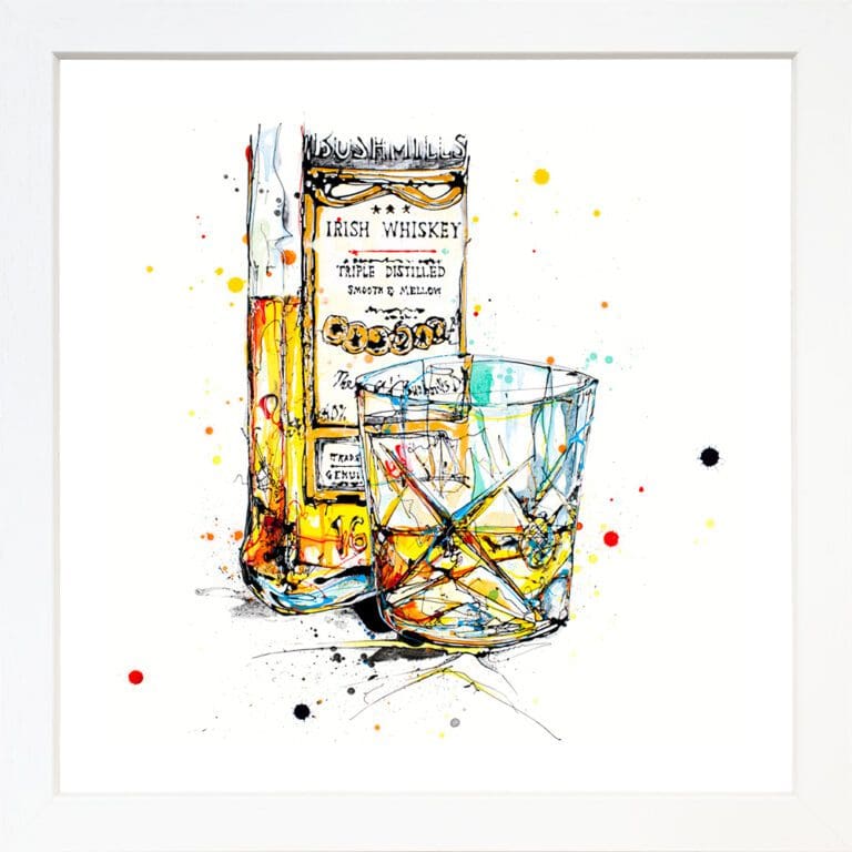 A Wee Night Cap Bushmills Irish Whiskey Paper Giclee Fine ART Print in white frame