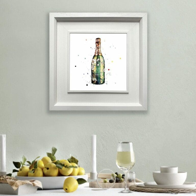 Belle Epoque Champagne Print shown in Deluxe White Frame in Situ above dining table