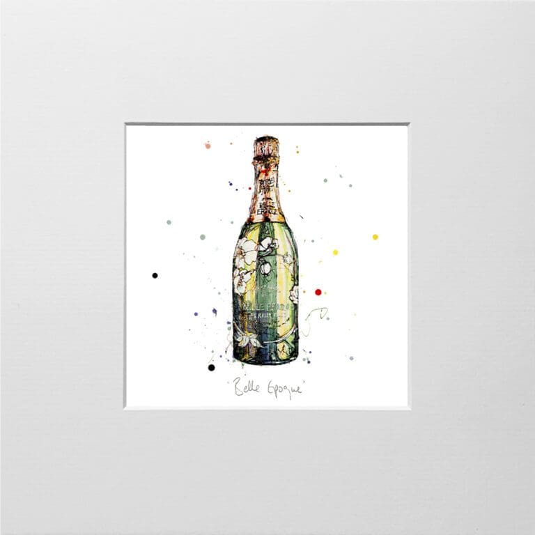 A digital mockup showing how a miniature print of Belle Époque by Kathryn Callaghan will look presented in a 23cm mount. Belle Époque features a green and rose gold champagne bottle.