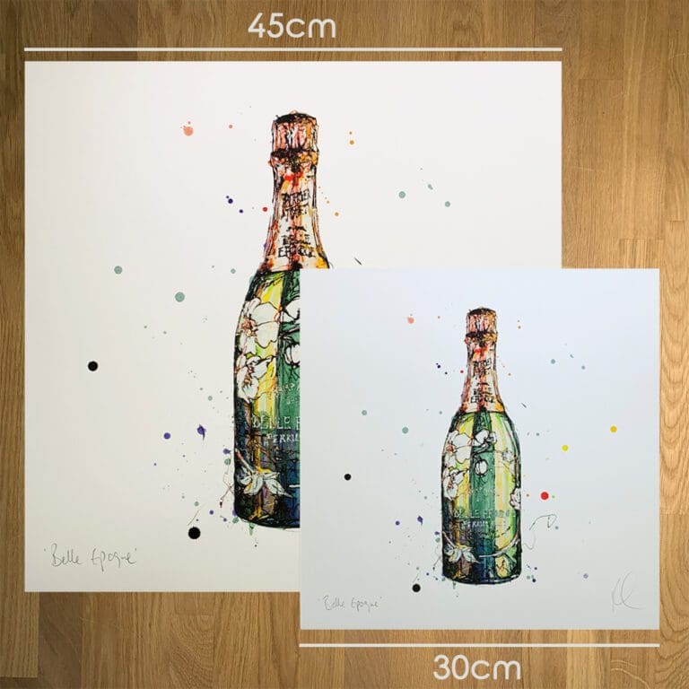 Two prints of Belle Époque by Kathryn Callaghan, to show the size difference between the 45cm print and the 30cm print.