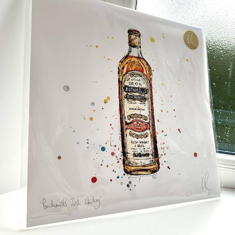 A print of Bushmills Irish Whiskey by Kathryn Callaghan. The 30cm print is presented flat in a clear cello bag with a golden KC sticker in the top right.