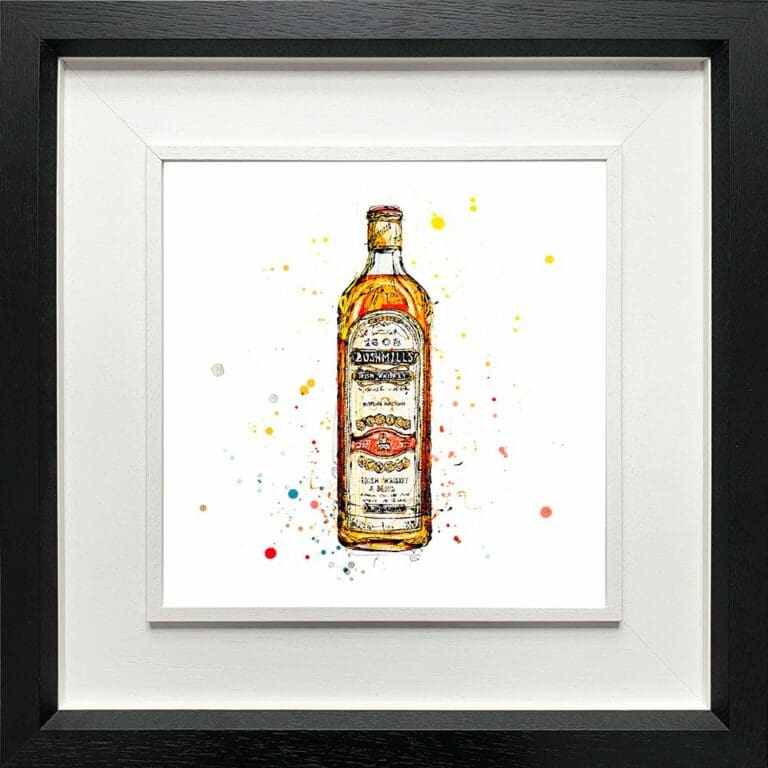 Bushmills Irish Whiskey Paper Fine Art Giclee Print shown in Deluxe Black Frame