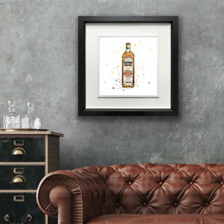 Bushmills Irish Whiskey Print shown in Deluxe Black Frame in Situ