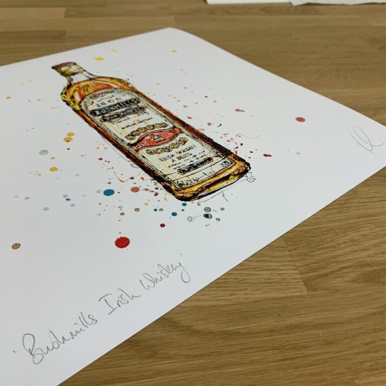 Photograph of Bushmills Irish Whiskey, a print by Kathryn Callaghan, which shows the print's title handwritten in the bottom left corner and the artist's signature in the bottom right, with space between to add a custom personalisation.