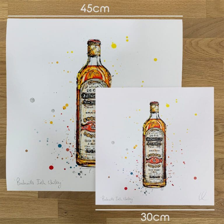 Two prints of Bushmills Irish Whiskey by Kathryn Callaghan, to show the size difference between the 45cm print and the 30cm print.