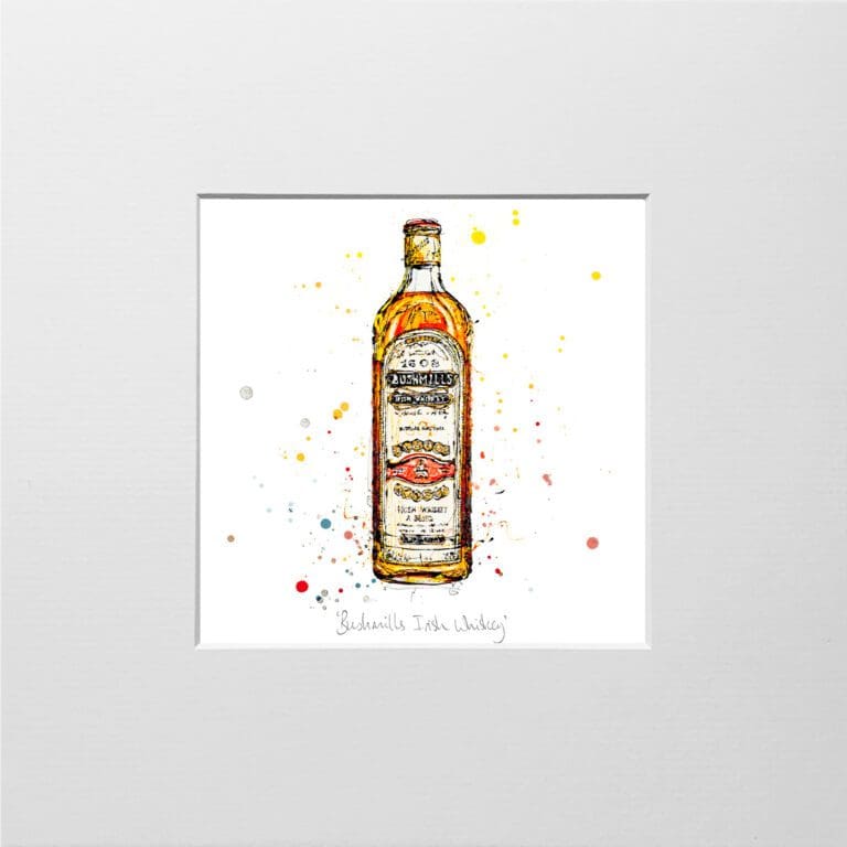 A digital mockup showing how a miniature print of Bushmills Irish Whiskey by Kathryn Callaghan will look presented in a 23cm mount. Bushmills Irish Whiskey features the iconic golden bottle with its red label.