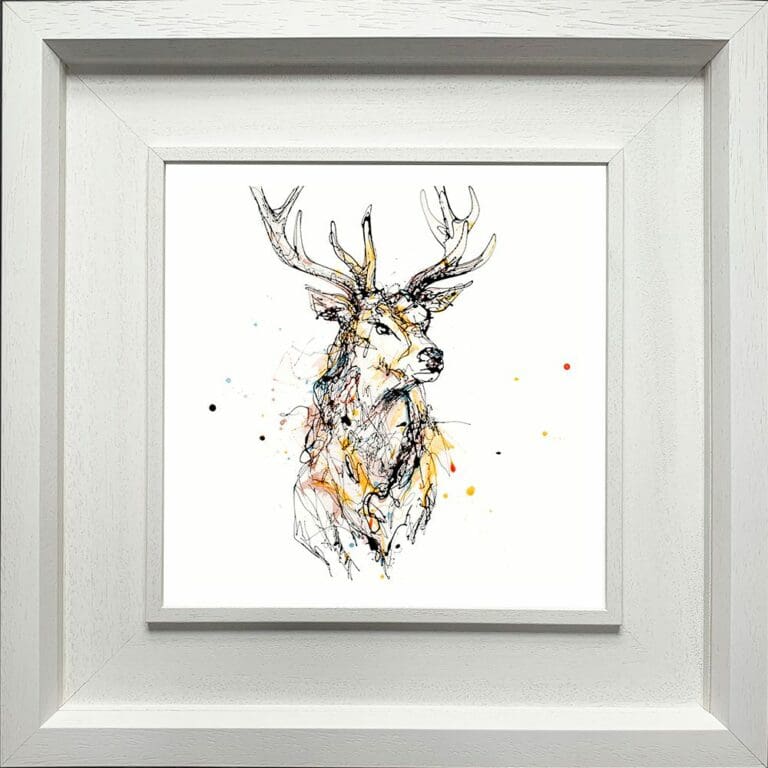 Grand Stag Paper giclee Fine ART Print shown in Deluxe White Frame