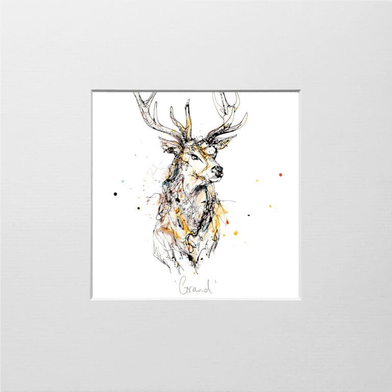 A digital mockup showing how a miniature print of Grand by Kathryn Callaghan will look presented in a 23cm mount. Grand features a stag's head and torso.