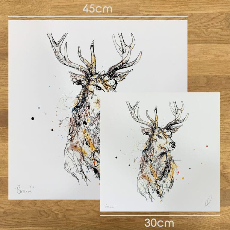 Two prints of Grand by Kathryn Callaghan, to show the size difference between the 45cm print and the 30cm print.