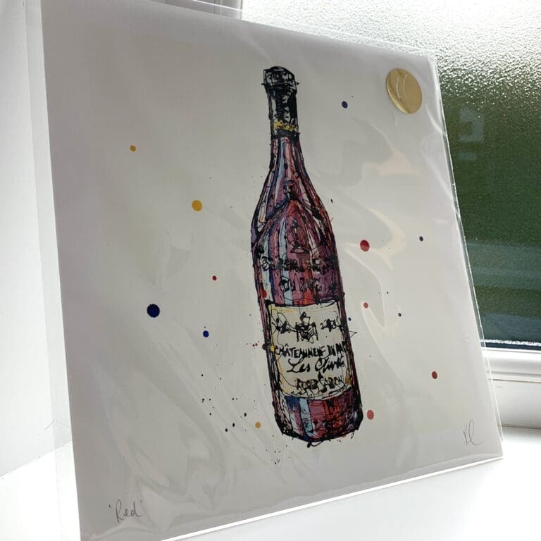 A print of Red by Kathryn Callaghan, which features a bottle of red wine. The 30cm print is presented flat in a clear cello bag with a golden KC sticker in the top right.