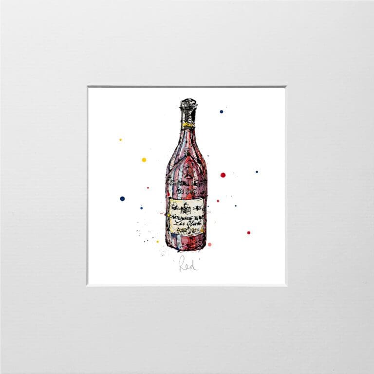 A digital mockup showing how a miniature print of Red by Kathryn Callaghan will look presented in a 23cm mount. Red features a bottle of Chateauneuf du Pape red wine.