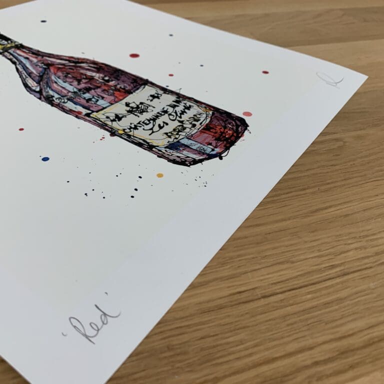 Photograph of Red, a print of a red wine bottle by Kathryn Callaghan, which shows the print's title handwritten in the bottom left corner and the artist's signature in the bottom right, with space between to add a custom personalisation.