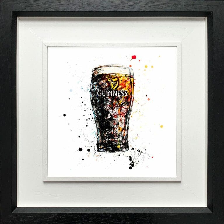 The Black Stuff Guinness Pint Paper Giclee Fine Art Print shown in Deluxe Black Frame