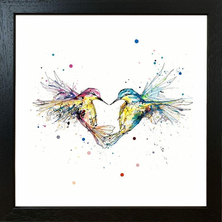 Forever Two Hummingbirds Heart Paper Giclee Fine Art Print in Black Frame