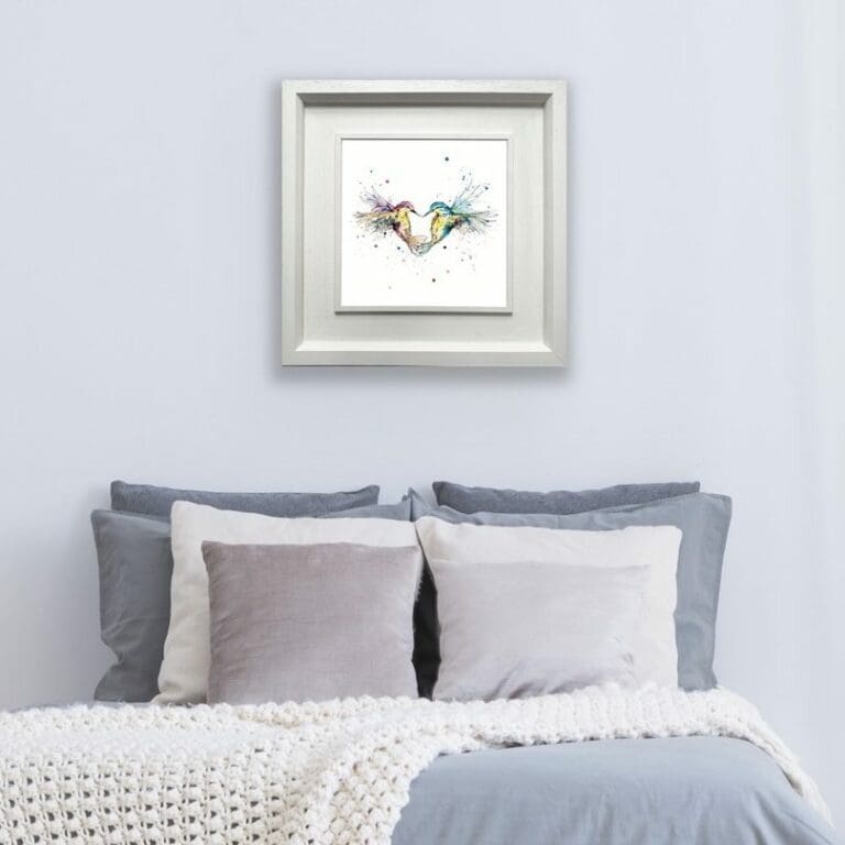 Forever Hummingbirds Print shown in Deluxe White Frame in Situ