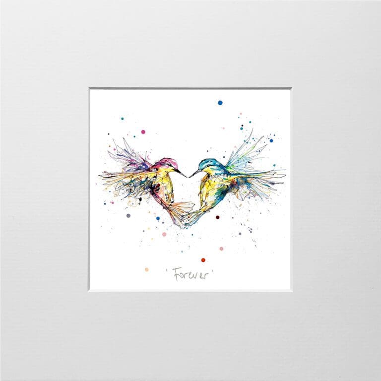 A digital mockup showing how a miniature print of Forever by Kathryn Callaghan will look presented in a 23cm mount. Forever features two hummingbirds flying together in a heart shape.