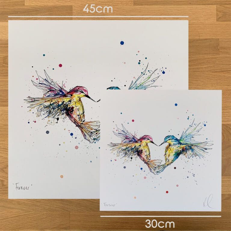 Two prints of Forever by Kathryn Callaghan, to show the size difference between the 45cm print and the 30cm print.